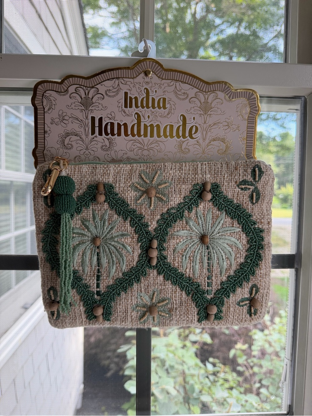 Handmade Embroidered Canvas Wristlet - Green Palm Tree Design